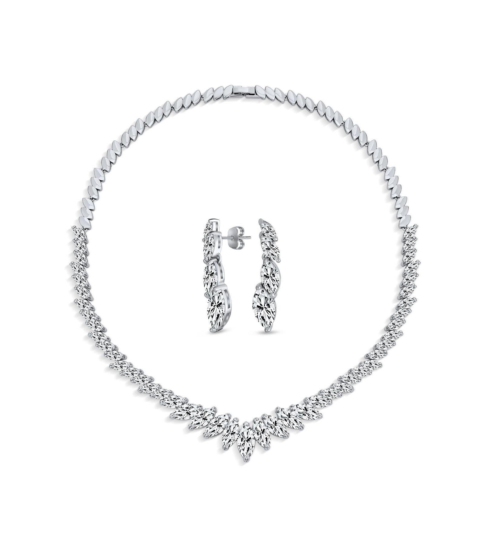 Bling Jewelry Classic Marquise Leaf CZ Statement V Necklace Chandelier Earrings Jewelry Set