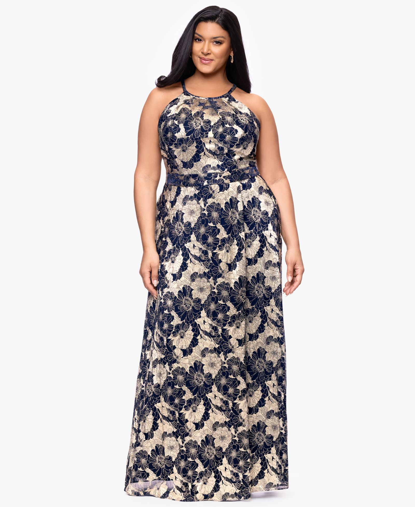 B&A By Betsy and Adam Платье вечернее Plus Size Halter Wrap Foil Ball Gown