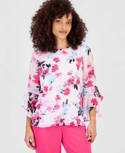 Женская блузка Kasper Petite Floral 3/4-Sleeve Ruffled-Cuff