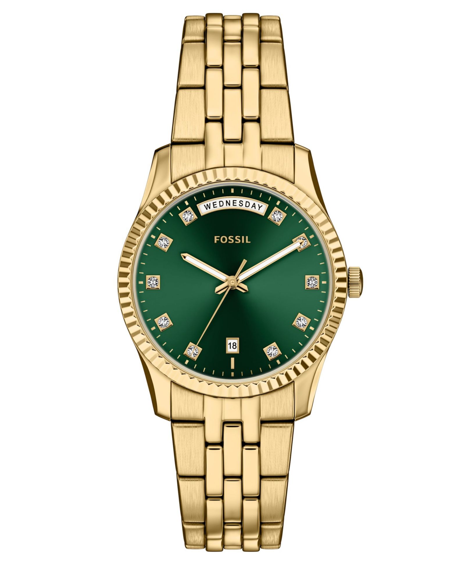 Fossil Women's Scarlette Three-Hand Day-Date Gold-Tone Stainless Steel Watch, 34mm