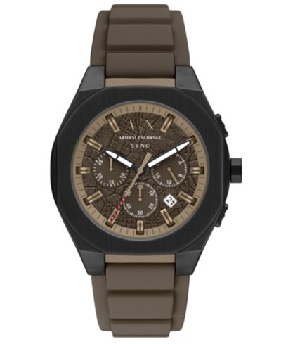 Мужские кварцевые хронограф часы Armani Exchange Sync, коричневый силиконовый ремешок, 44mm