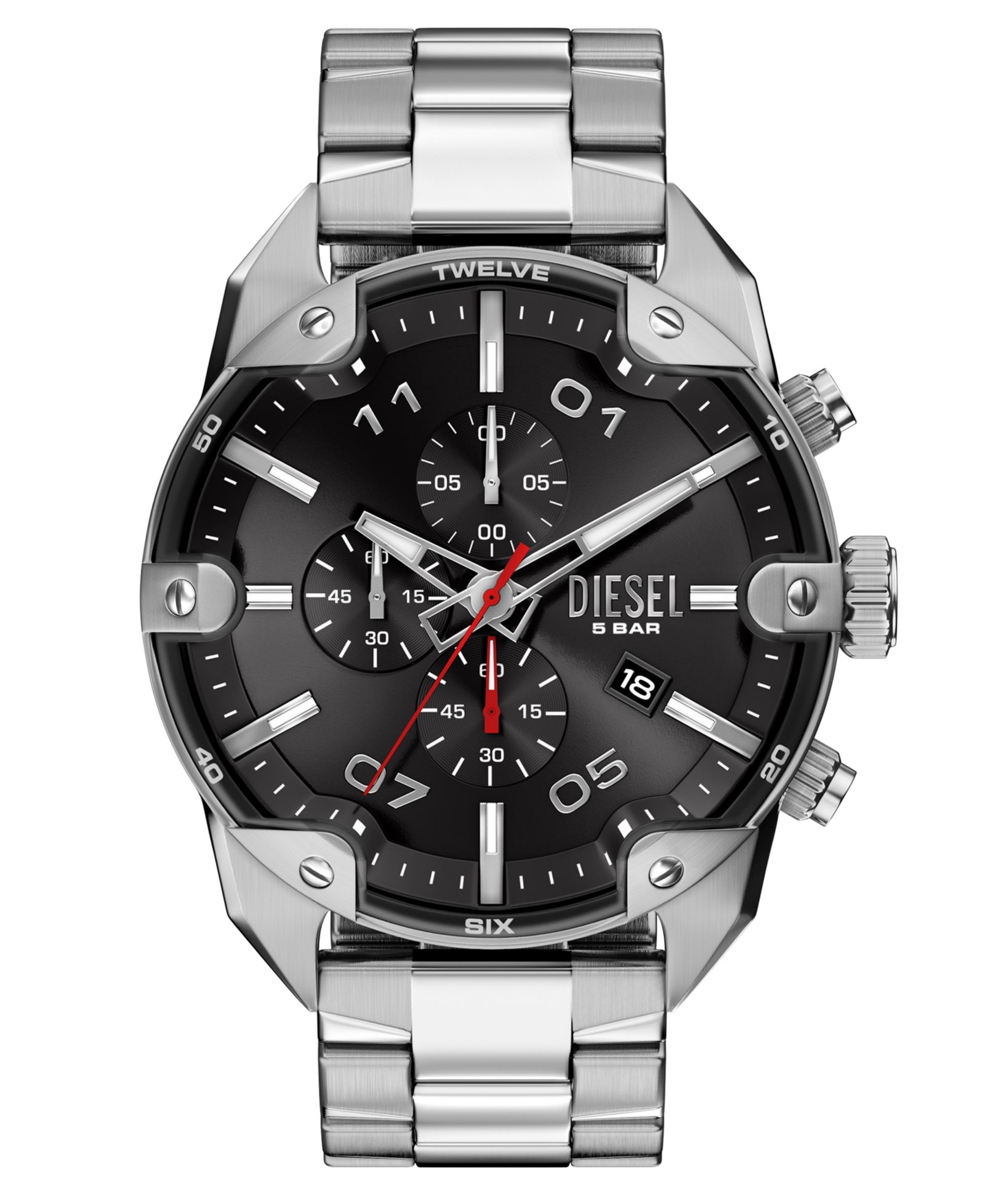 Мужские часы Diesel Spiked Quartz Chronograph Silver Stainless Steel 49mm