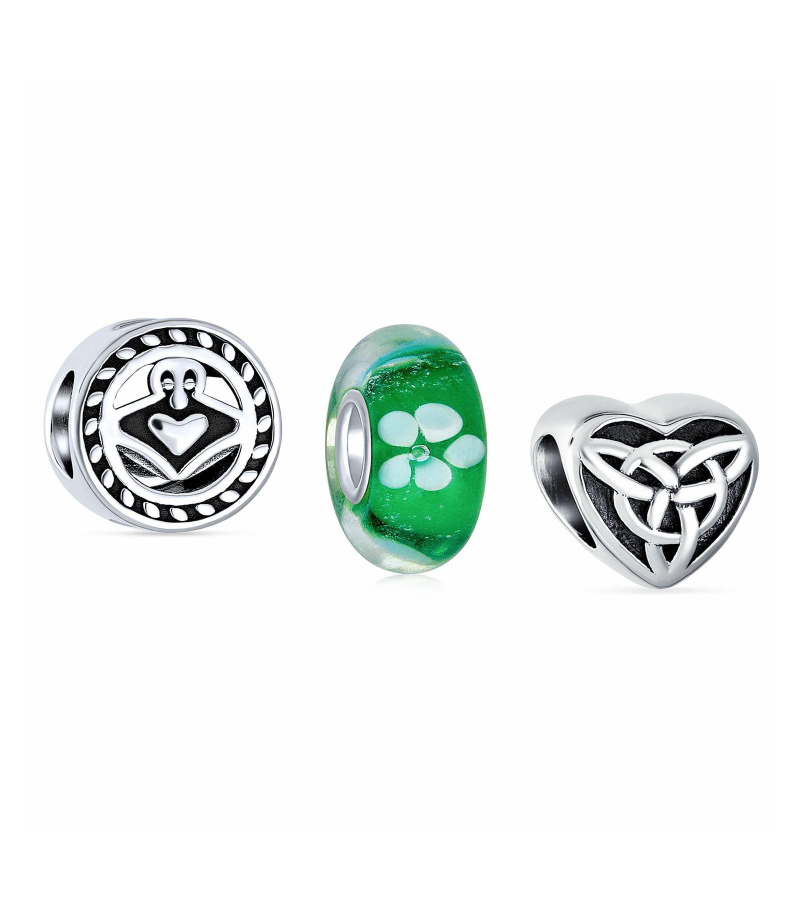 Bling Jewelry Lucky Green Clover and Knot Claddagh Charm Bead Set .925 Sterling Silver for Bracelet