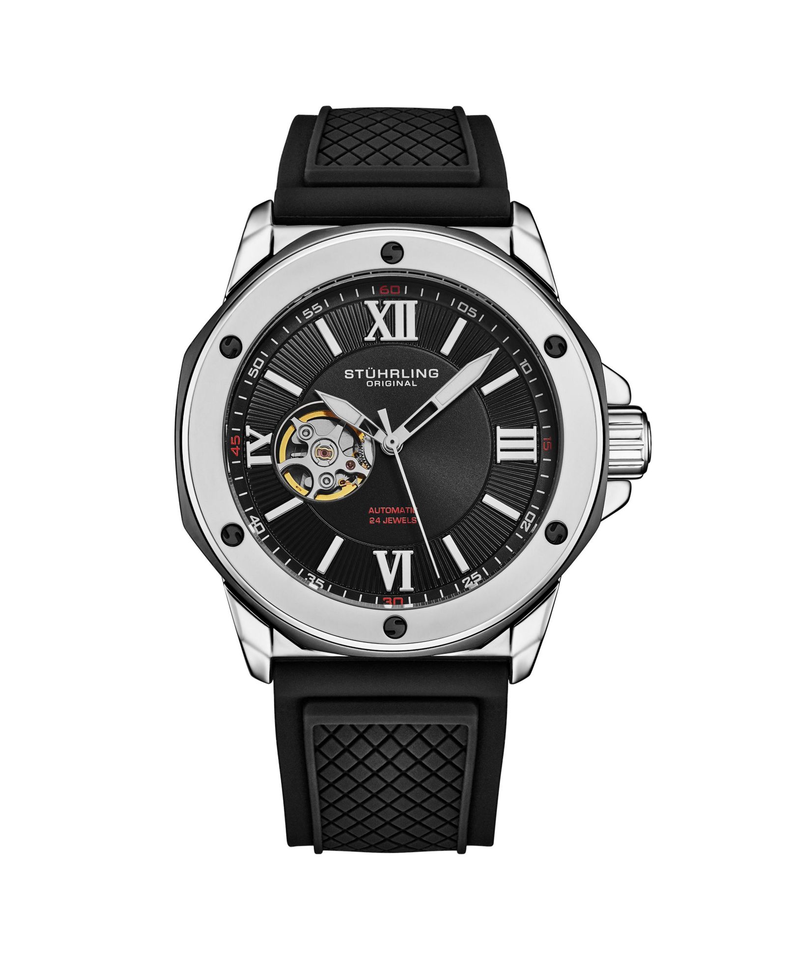 Stuhrling 4056 Men s Automatic Open-Heart Watch with NH38A Movement, Screw-Accented Bezel and Rubber Strap