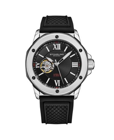 Stuhrling 4056 Men s Automatic Open-Heart Watch with NH38A Movement, Screw-Accented Bezel and Rubber Strap
