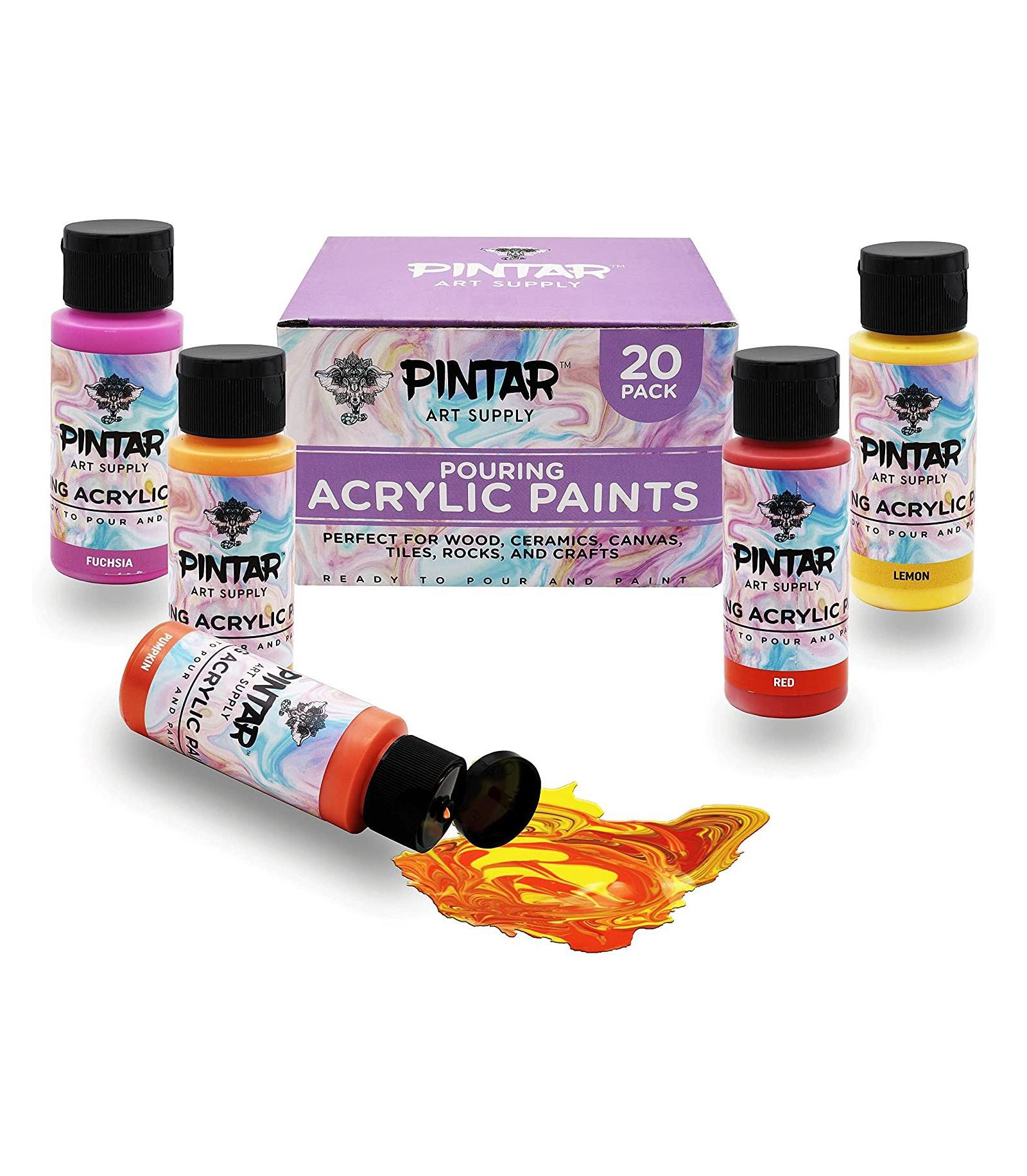 Набор акриловых красок для заливки Pintar Art Supply, 20 цветов | готовые водоэмульсионные краски для творчества, 2oz
