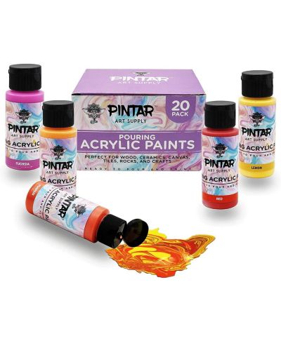 Набор акриловых красок для заливки Pintar Art Supply, 20 цветов | готовые водоэмульсионные краски для творчества, 2oz
