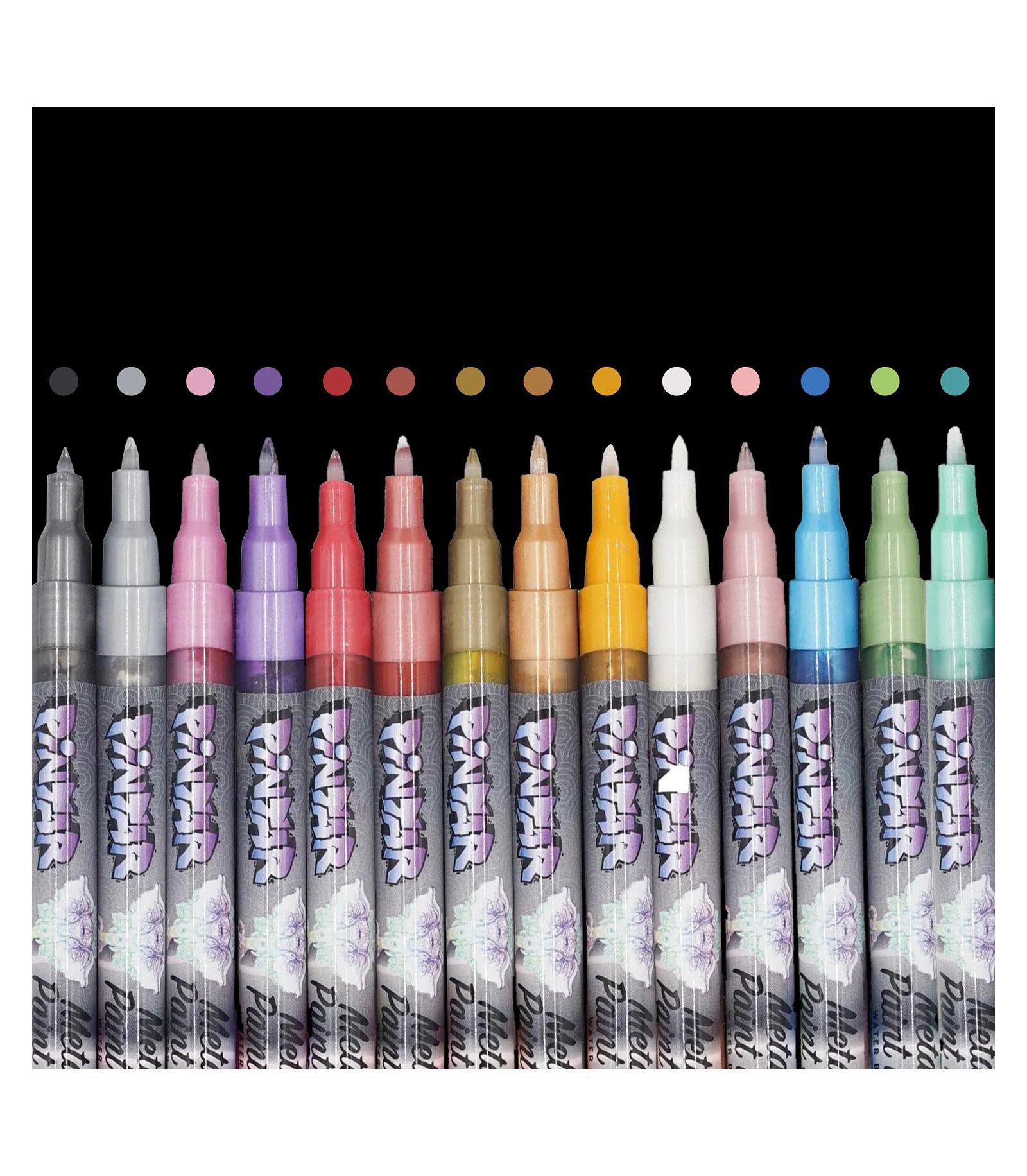 PINTAR Metallic Markers Paint - Extra Fine 0.7mm Tip Paint Pens - Acrylic Paint Pens for Rock Painting, Wood, Glass, Leather, Shoes - Pack of 14