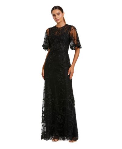 Mac Duggal Women's Flutter Sleeve Floral Emboridered Net Gown