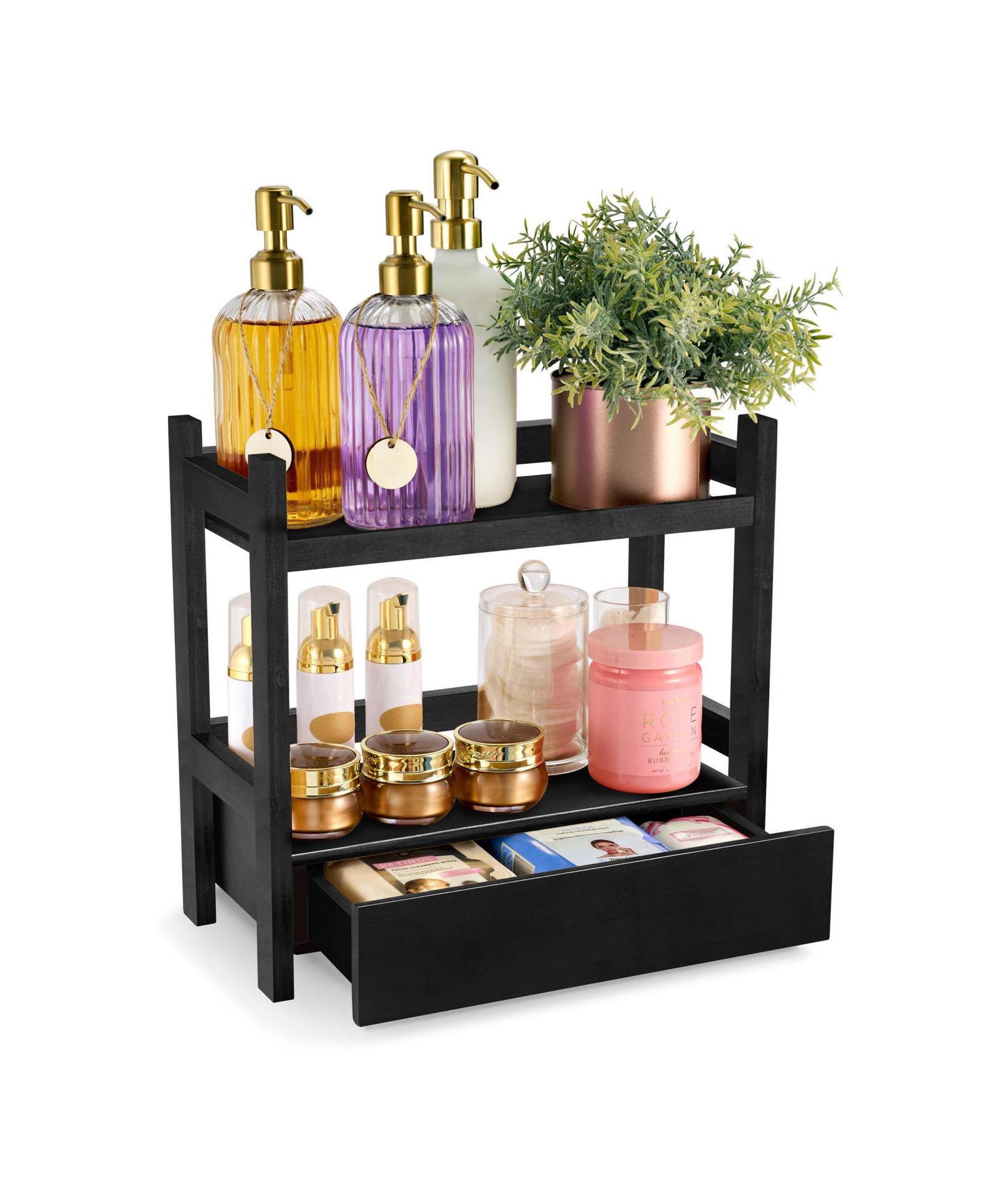 Sorbus 2-Tier Bamboo Counter Organizer with Drawer Bamboo for Vanity, Matcha Station, Bathroom Sink Organizer Countertop, Kitchen & Office Storage