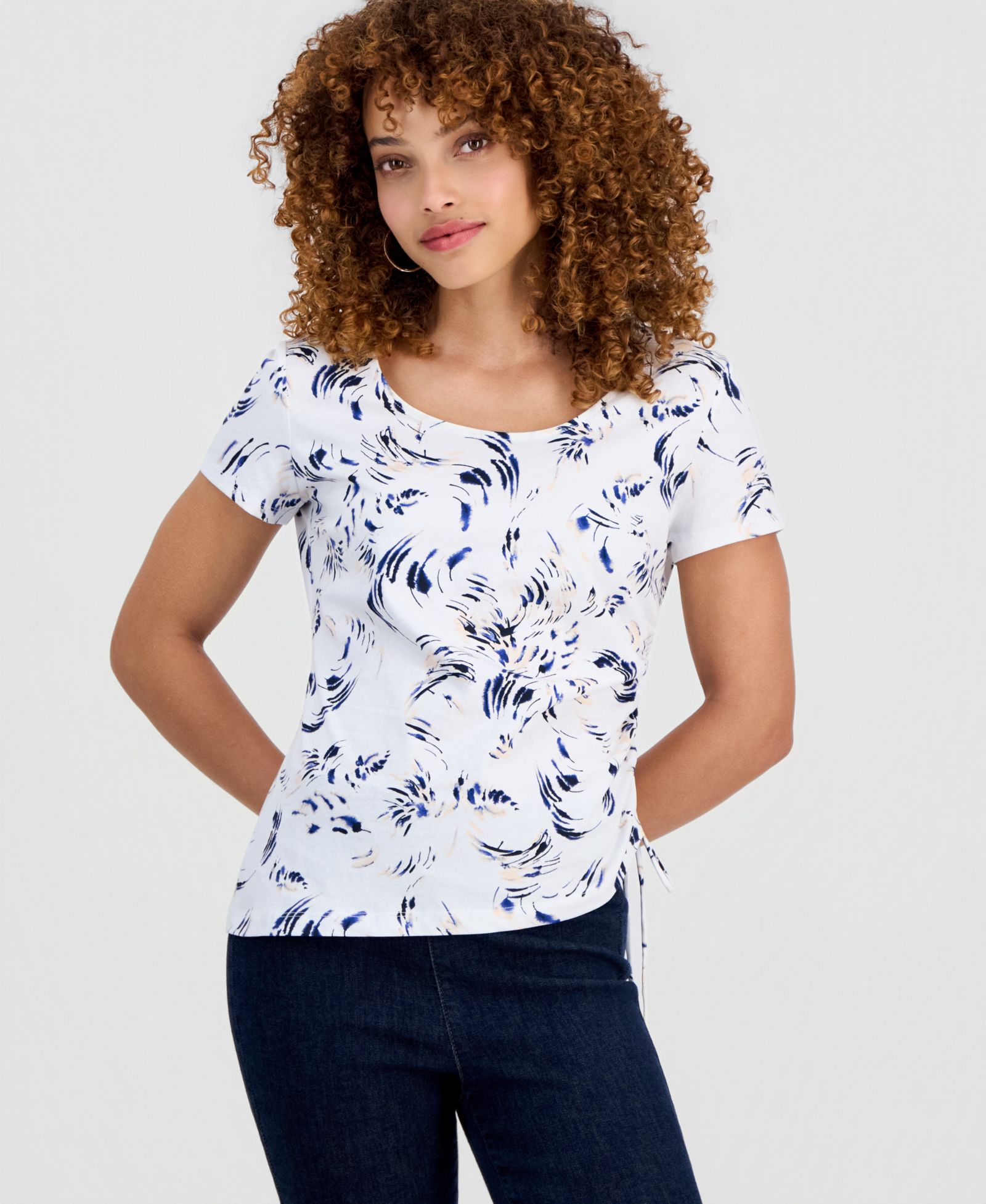 Топ I.N.C. International Concepts Petite Cotton Floral-Print Asymmetric Side-Tie