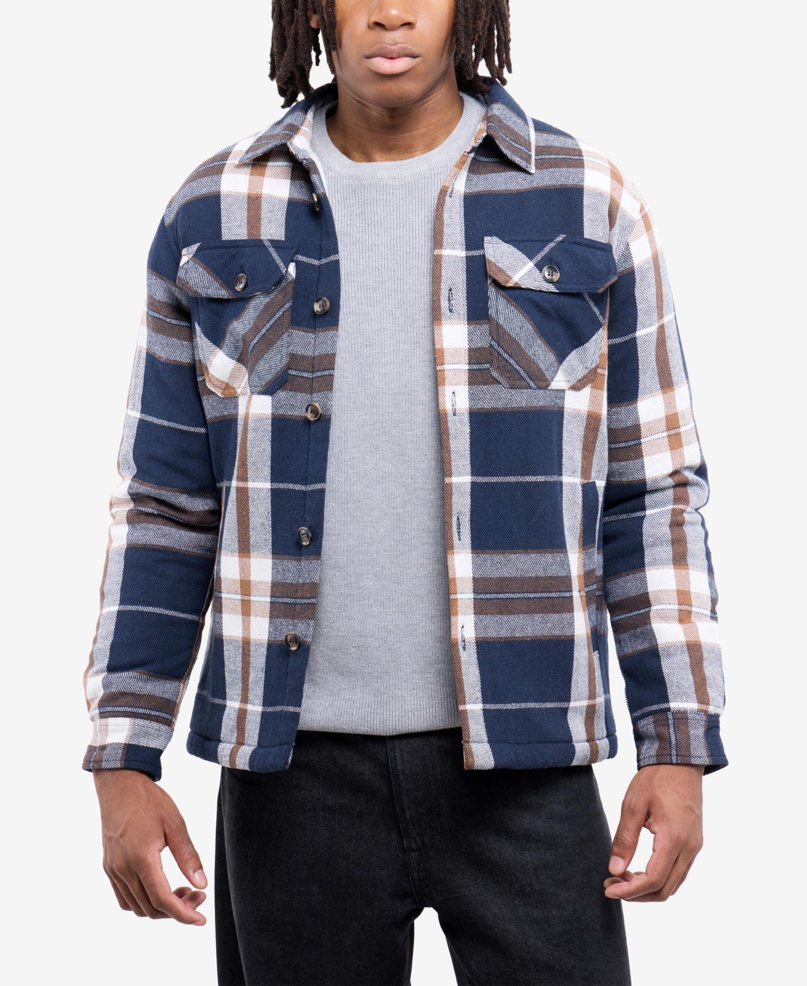 XRAY Men's Cotton Plaid Flannel Button-Up Shirt Jacket With Faux Shearling Lining