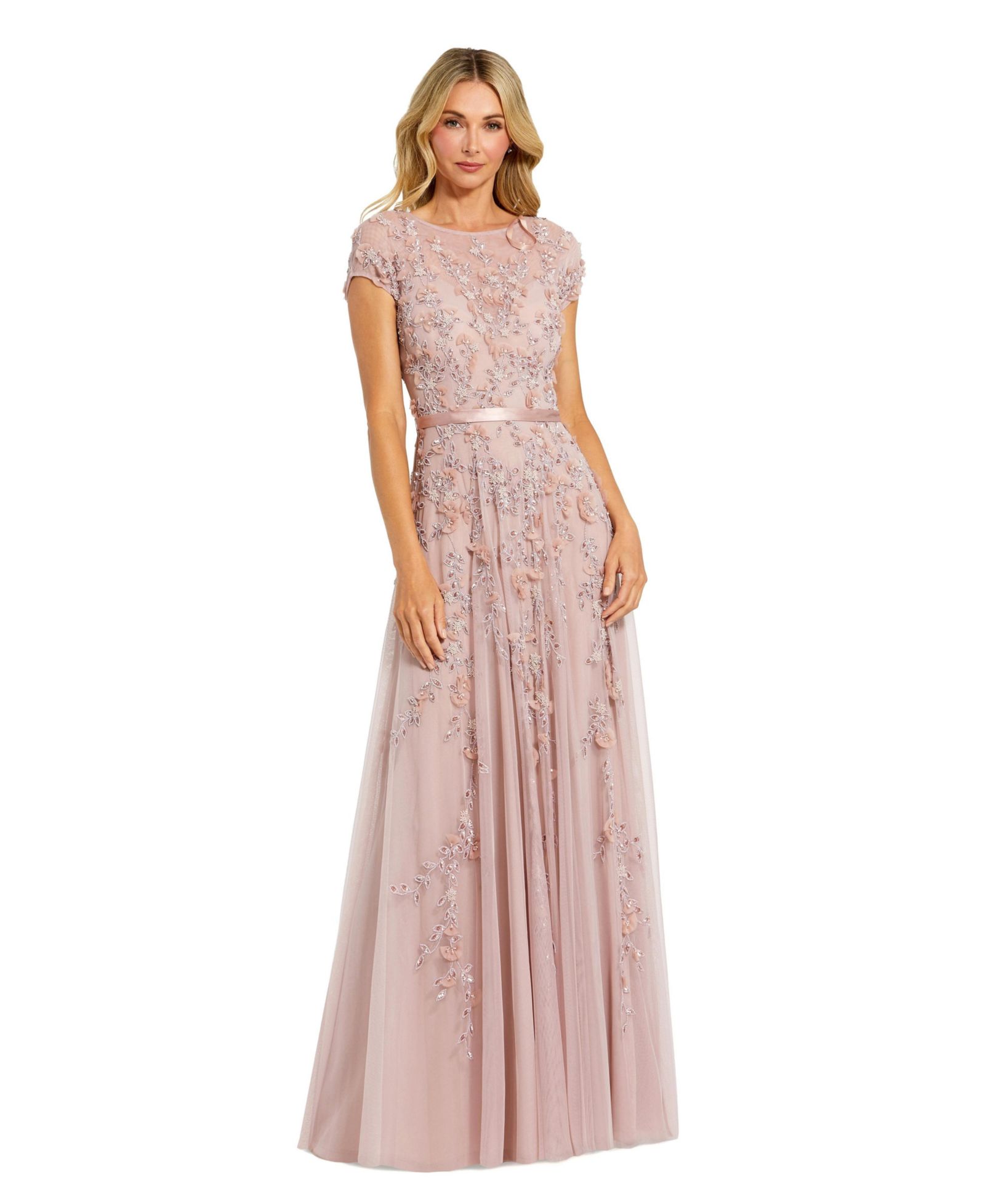Женское вечернее платье Mac Duggal Floral Embellished Short Sleeve Mesh Gown