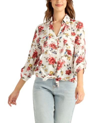 BCX Women's Printed Collared Button-Up Top