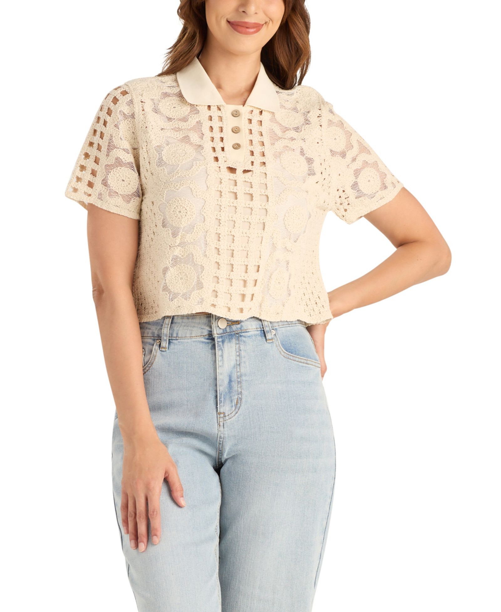 BCX Women's Embroidered Crochet Collared Sweater