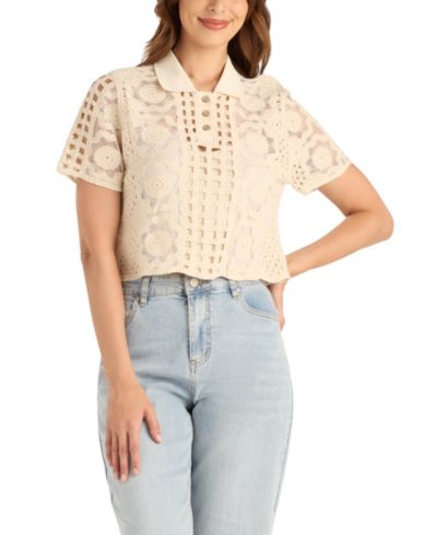 BCX Women's Embroidered Crochet Collared Sweater