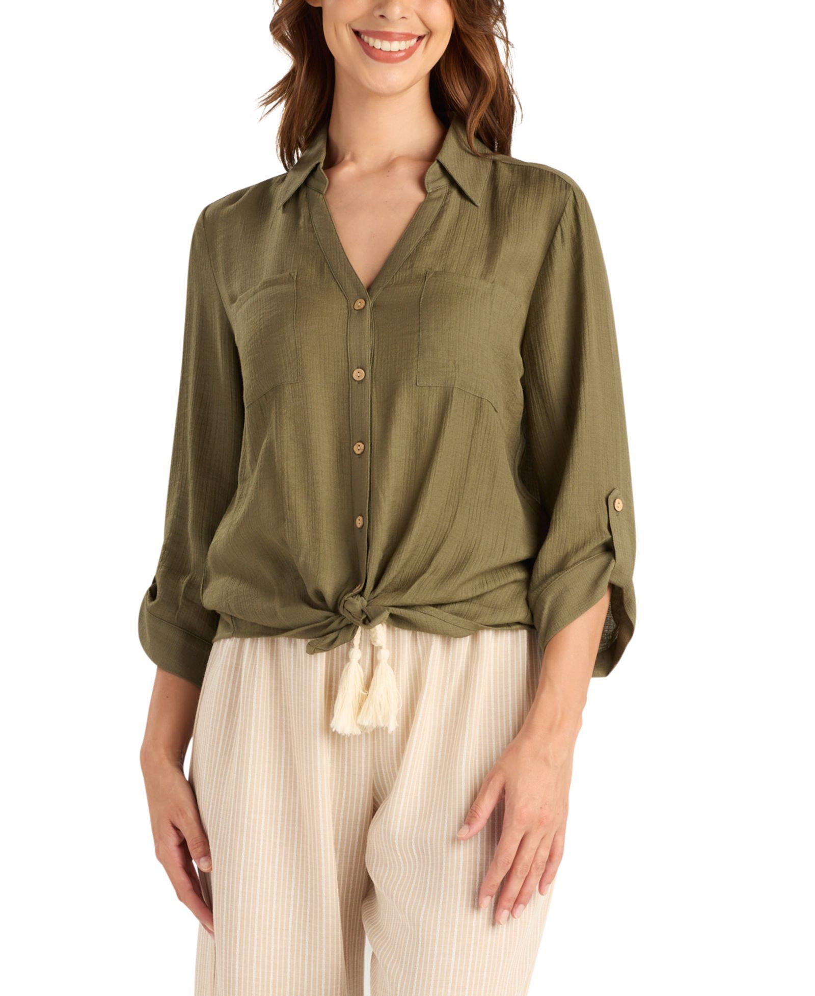 BCX Women's Texture Gauze Collared Button-Front Top