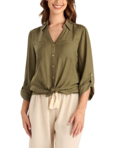 BCX Women's Texture Gauze Collared Button-Front Top