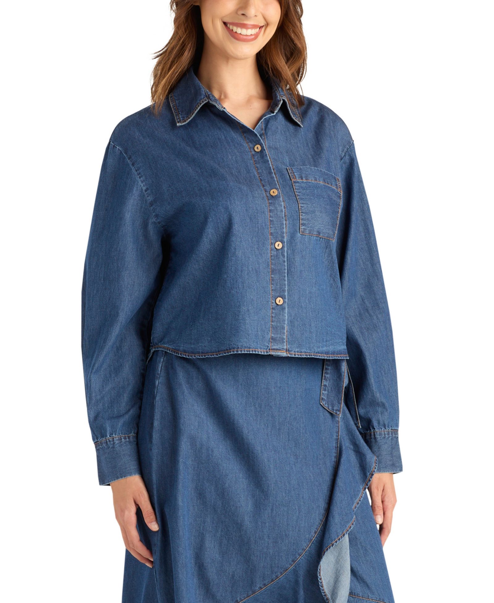 BCX Women's Denim Long-Sleeve Collared Crop Top