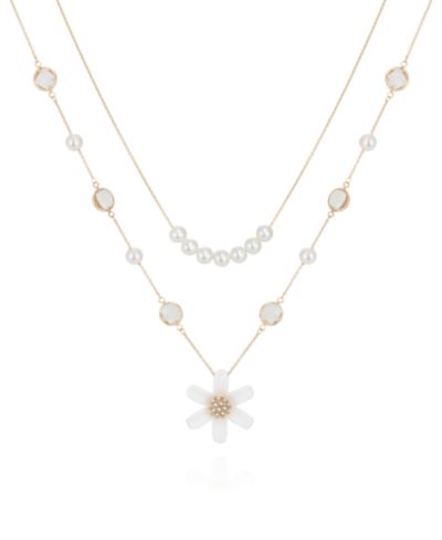 GUESS Imitation Pearl and Flower Layered Necklace