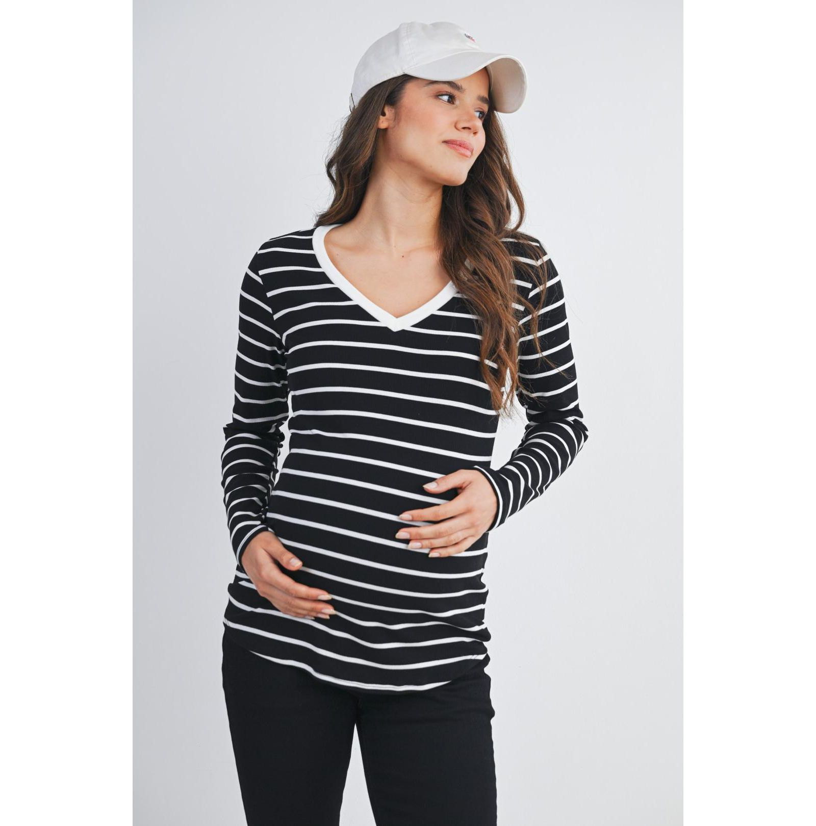 Hello Miz Maternity Striped V Neck Long Sleeve Top