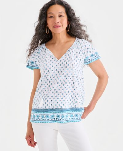 Style & Co Women's Printed Split-Neck Flutter-Sleeve Top, Macy's Exclusive