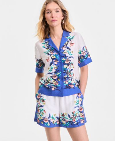 I.N.C. International Concepts Women's Printed Short-Sleeve Button-Front Top, Macy's Exclusive