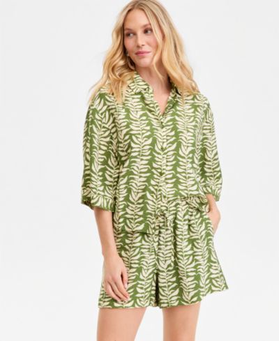 I.N.C. International Concepts Women's 3/4-Sleeve Printed Button-Down, Macy's Exclusive
