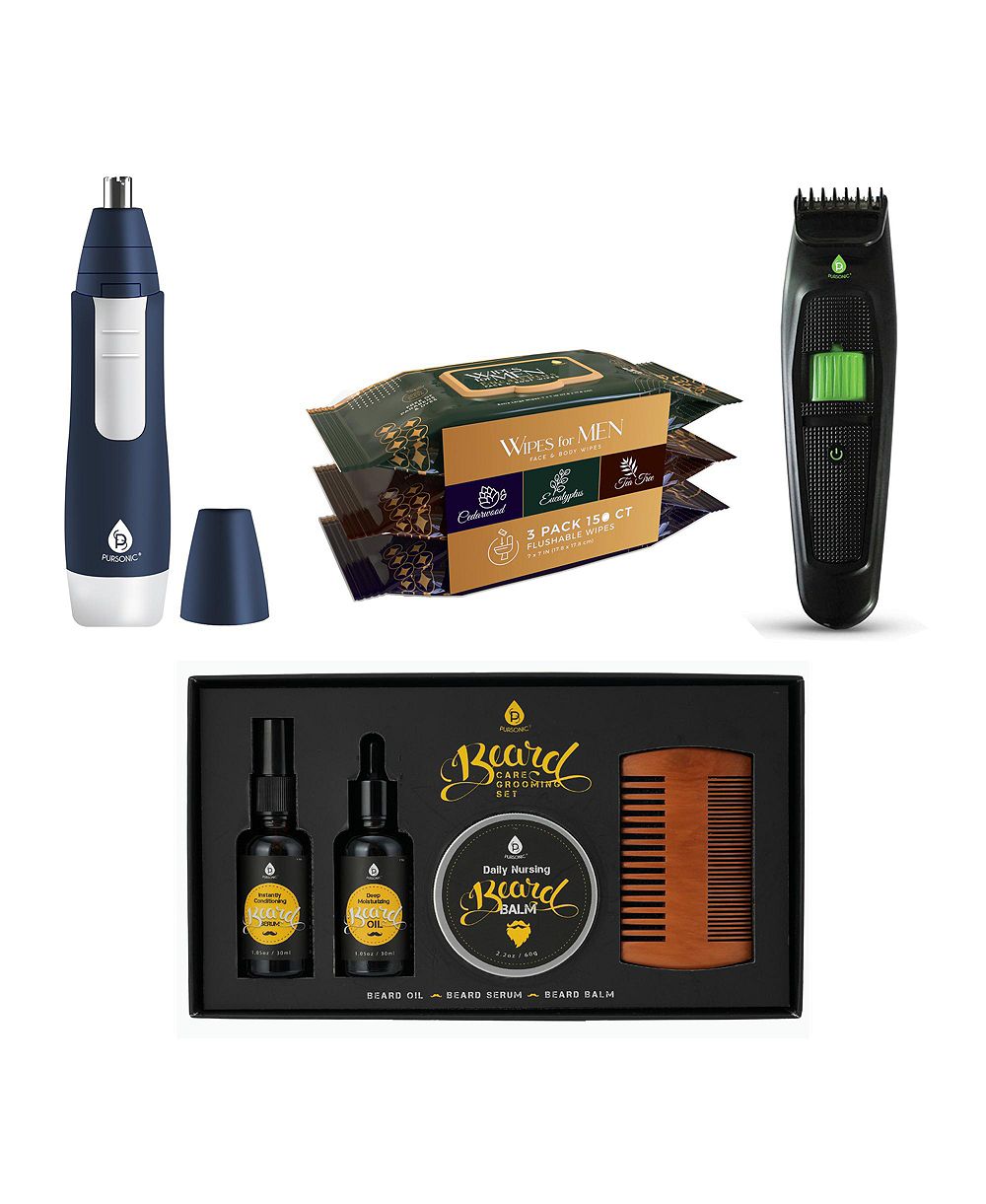 PURSONIC Full-Range Men's Grooming: 4-Piece Beard Care Set, Beard and Body Trimmer, Nose Trimmer, & Assorted Face and Body Wipes