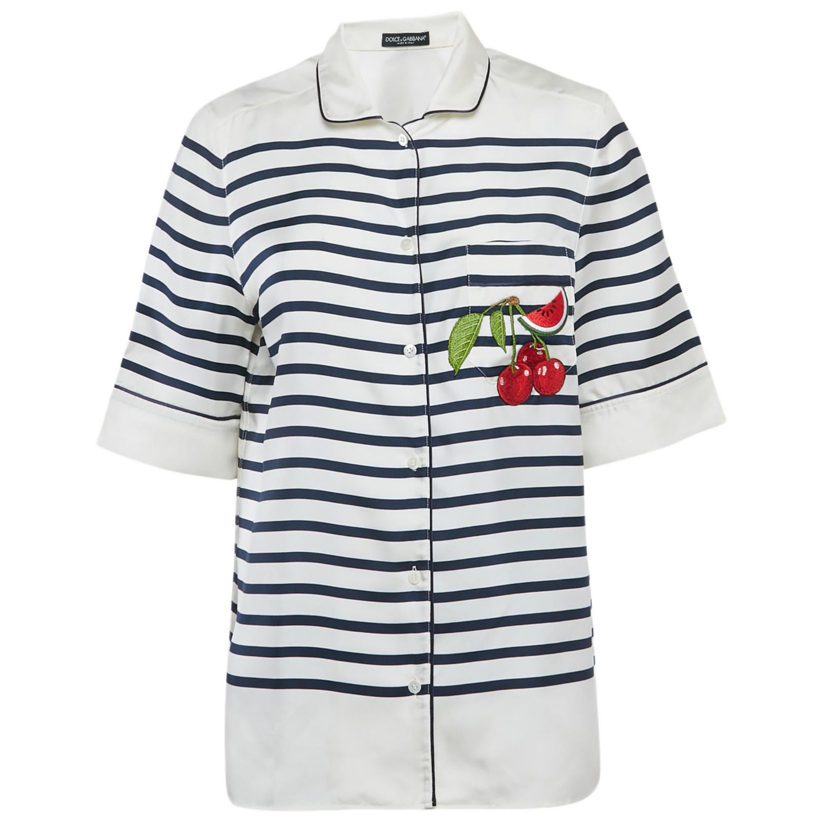 Pre-Owned Dolce & Gabbana Women's Ivory Striped Silk Short Sleeve Shirt