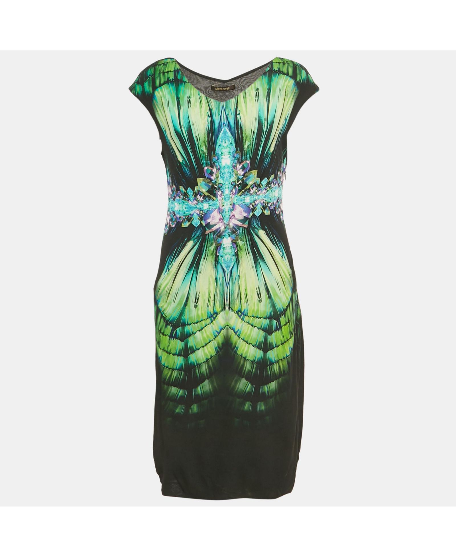 Pre-Owned Roberto Cavalli Women's Black Printed Jersey Midi Dress