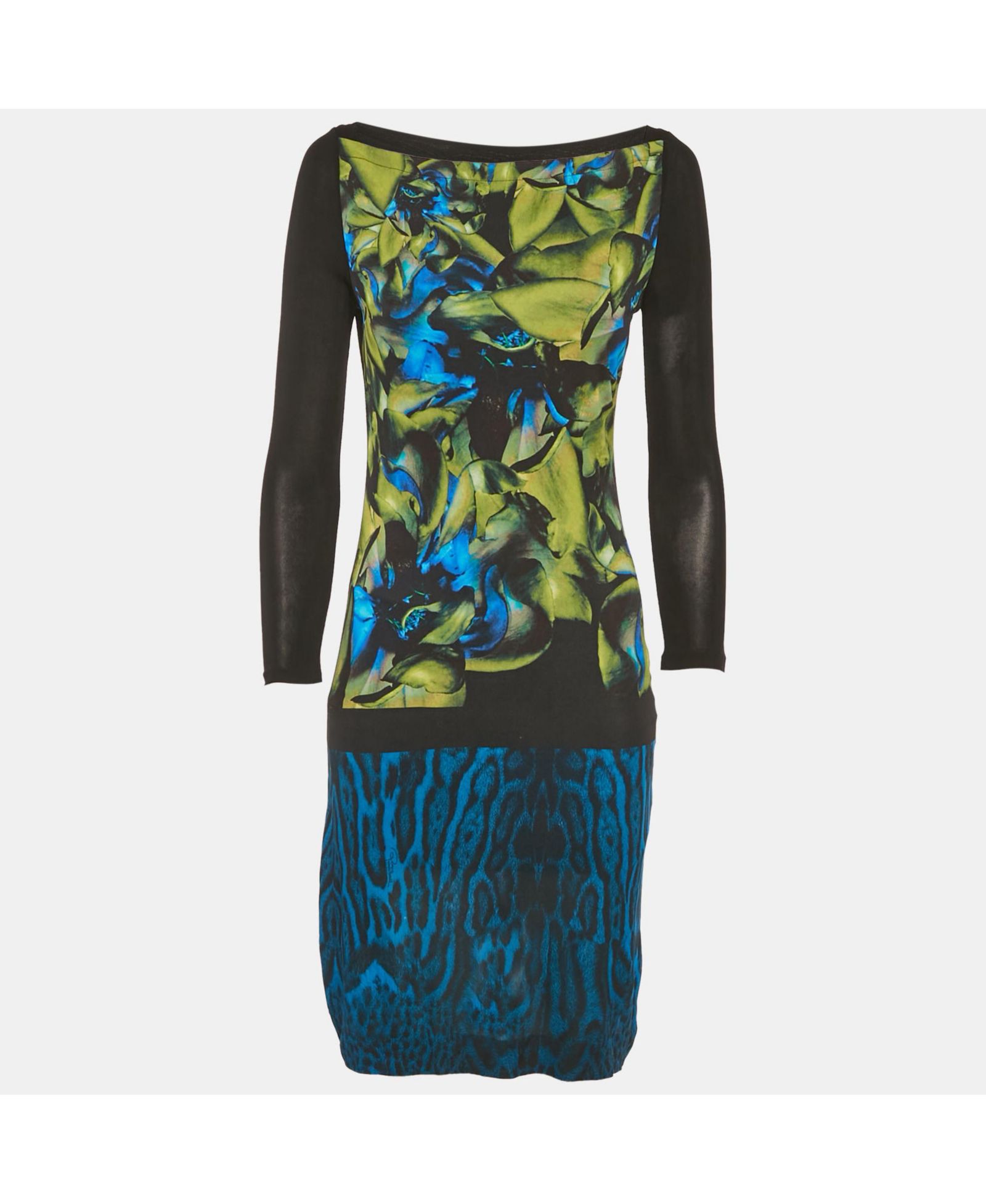 Pre-Owned Roberto Cavalli Женское мини-платье с принтом черного и синего цвета