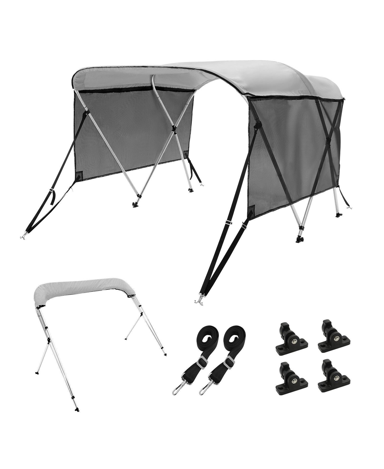 Mecale 3 Bow Bimini Top Boat Cover, 600D Polyester Canopy с Mesh Sidewalls, 1" Aluminum Frame, Storage Boot, Light Grey