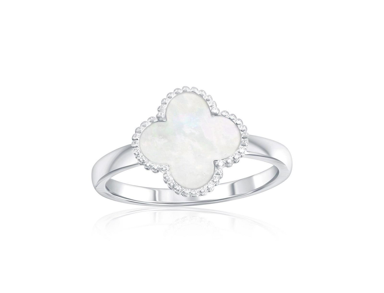 Simona Sterling Silver, Mother of Pearl Clover, Beaded Outline Ring