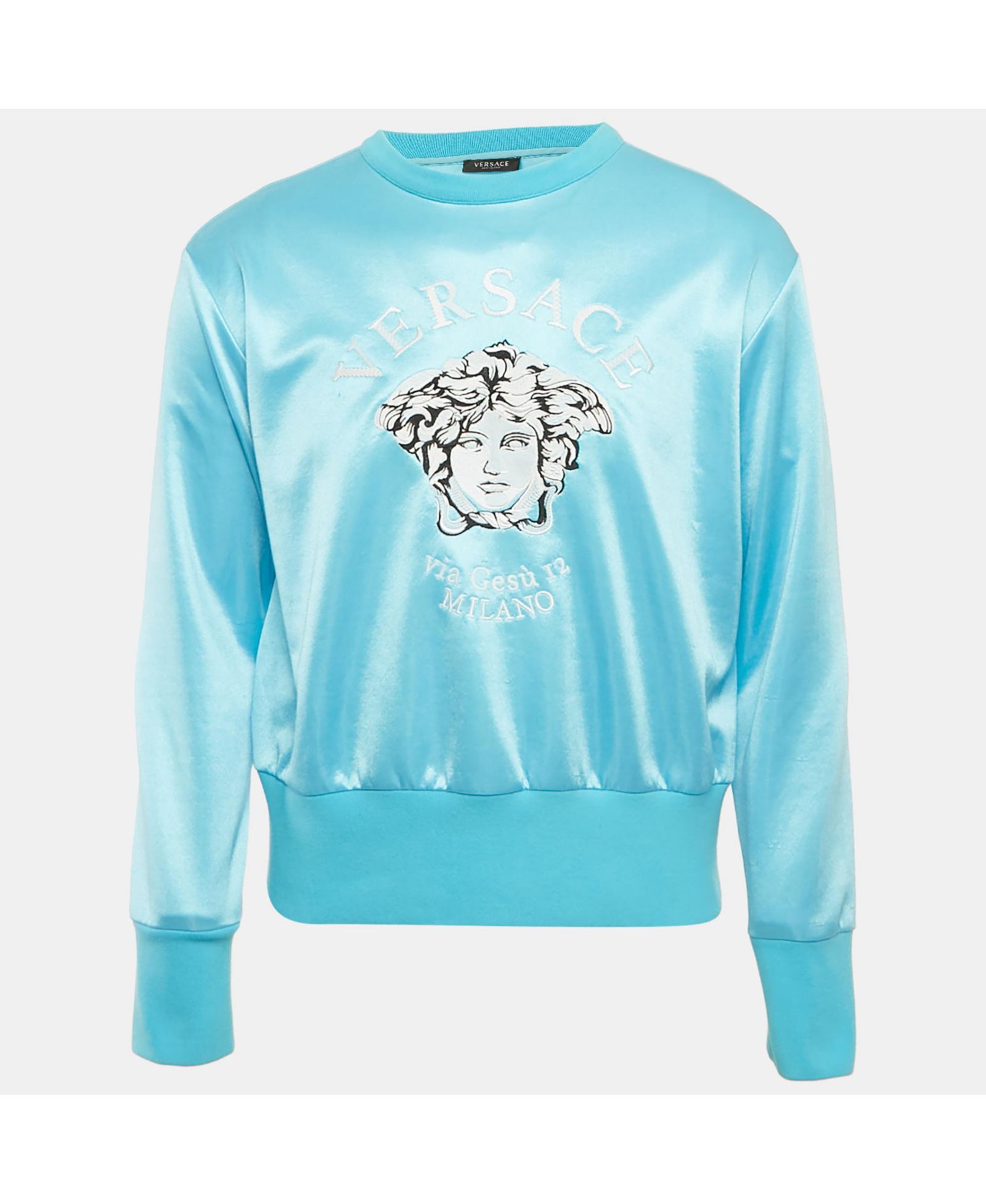 Pre-Owned Versace Men's Blue Logo Embroidered Jersey Sweatshirt
