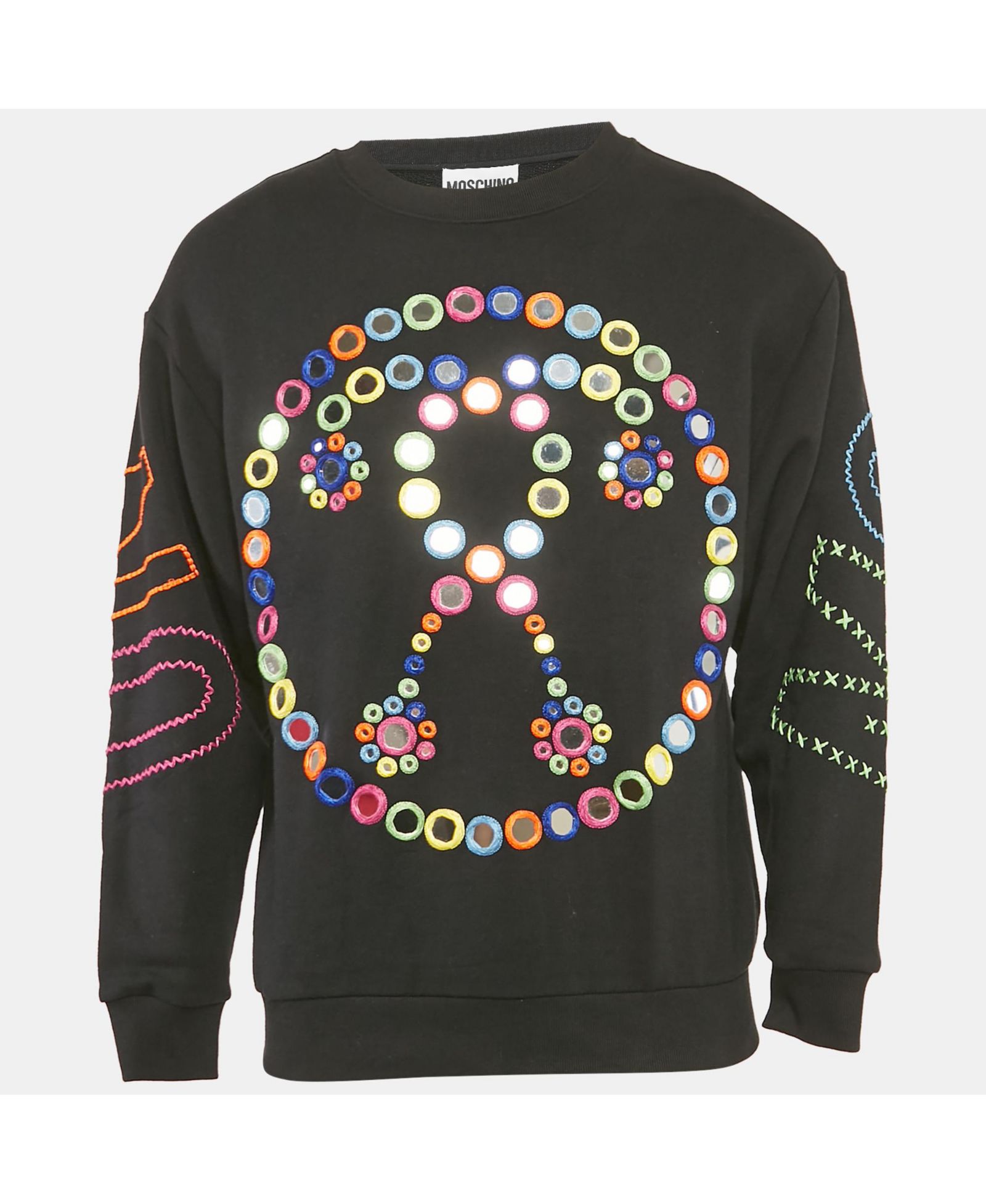 Pre-Owned Moschino Men's Couture Black Mirror Embroidered Cotton Crew Neck Sweatshirt