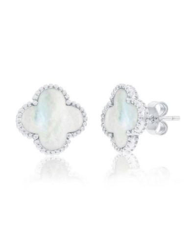 Simona Sterling Silver, Mother of Pearl Clover, Beaded Outline Studs