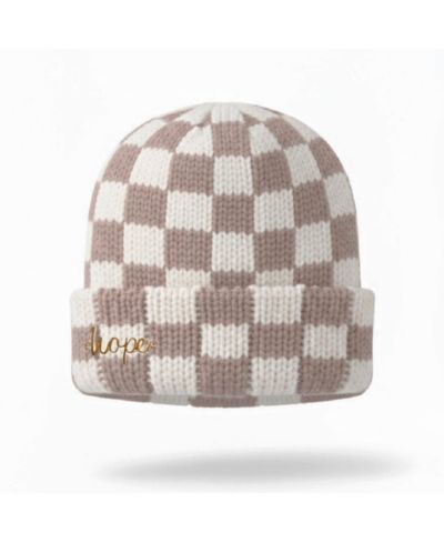 Headbands of Hope Women's Two-Tone Checkerboard Knit Beanie - Cream + Brown