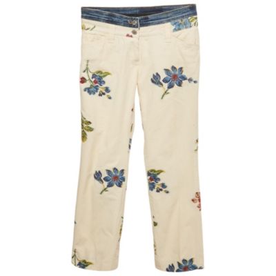 Pre-Owned Dolce & Gabbana Women's Cream Floral Cross Stitch Printed Cotton Pants