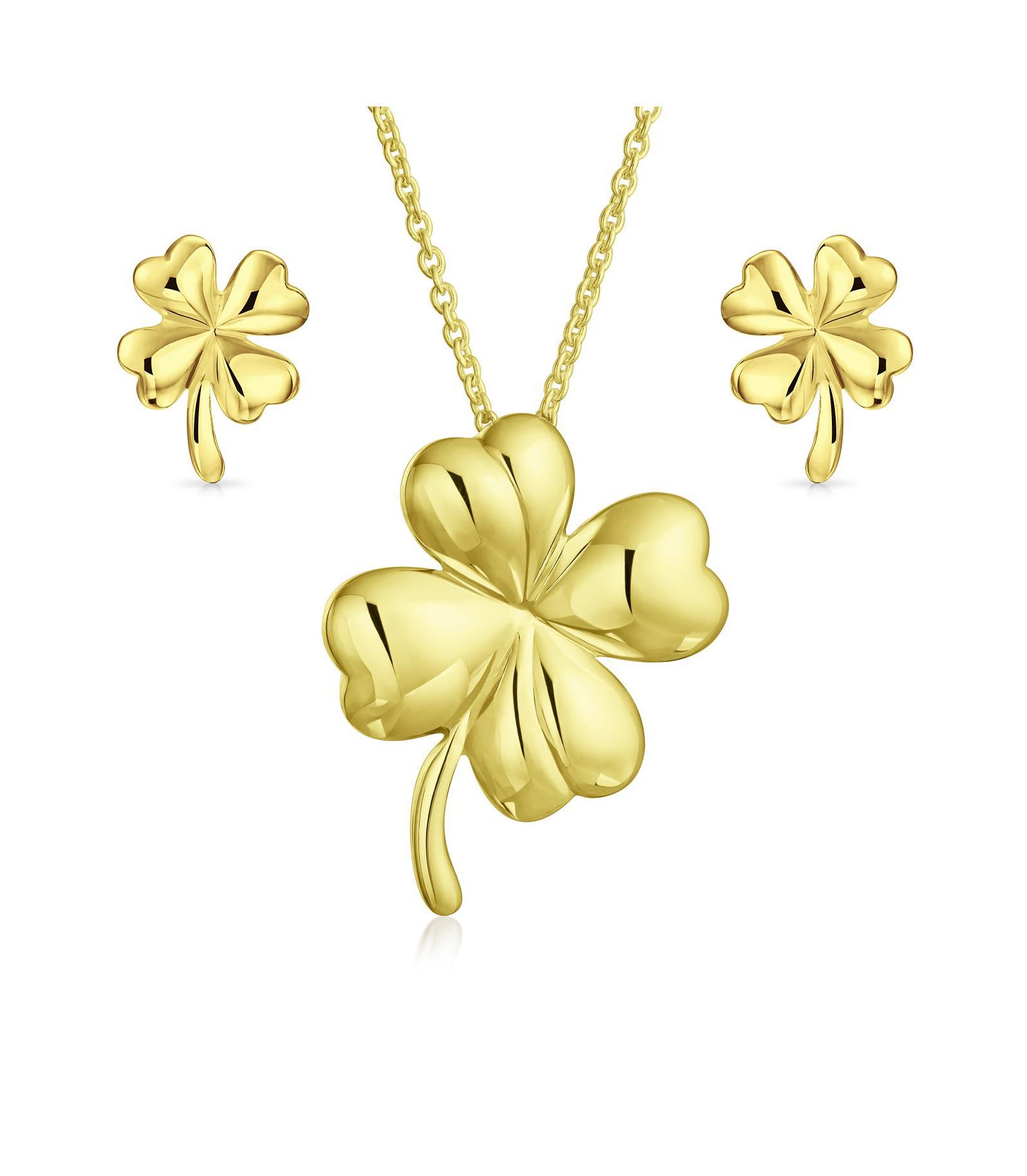 Bling Jewelry Lucky Charm Clover Pendant Stud Earrings Jewelry Set Gold Plated .925 Sterling Silver