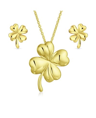 Bling Jewelry Lucky Charm Clover Pendant Stud Earrings Jewelry Set Gold Plated .925 Sterling Silver