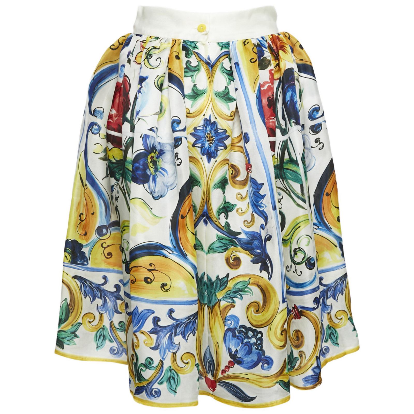 Pre-Owned Dolce & Gabbana Women's Yellow/blue Majolica Print Silk Gathered Short Skirt