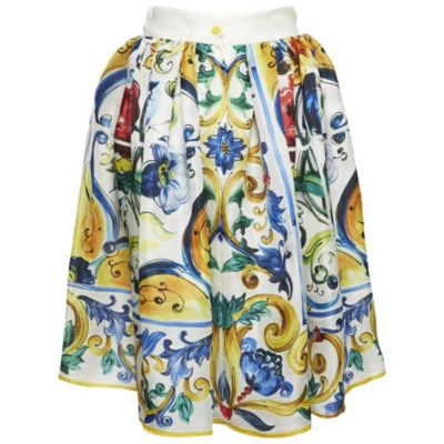 Pre-Owned Dolce & Gabbana Women's Yellow/blue Majolica Print Silk Gathered Short Skirt