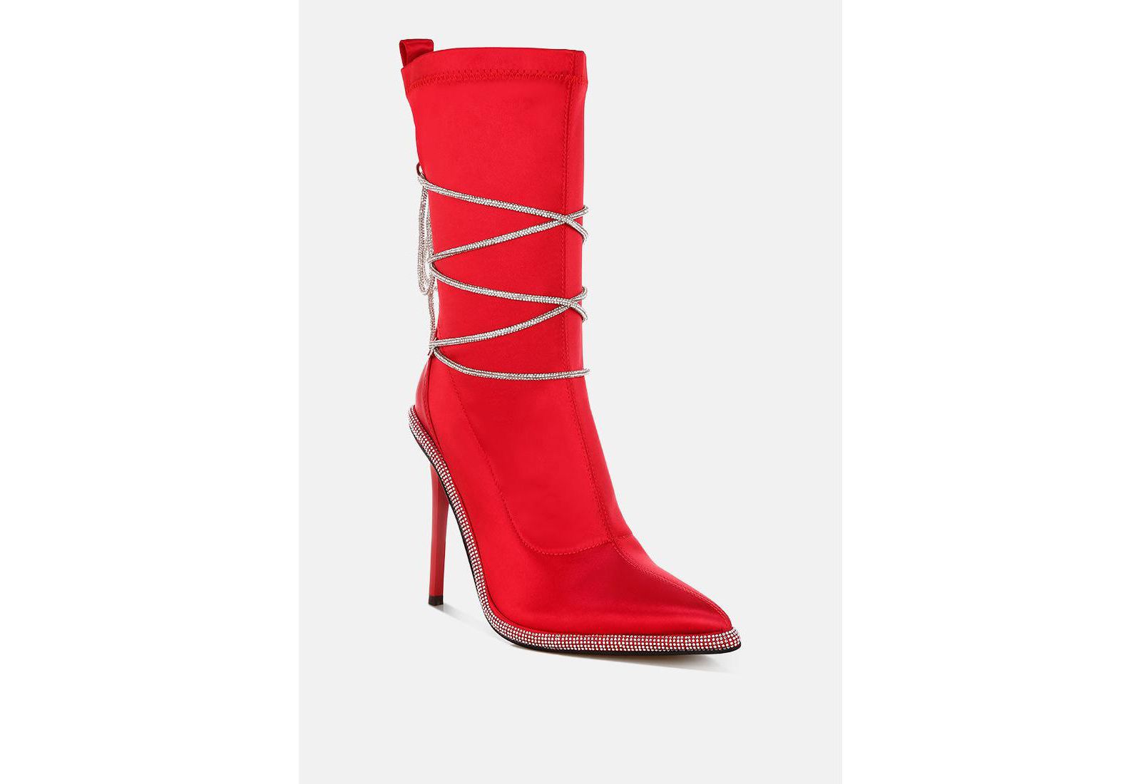 London Rag Women's Dacia Rhinestones Strap Satin Calf Boots
