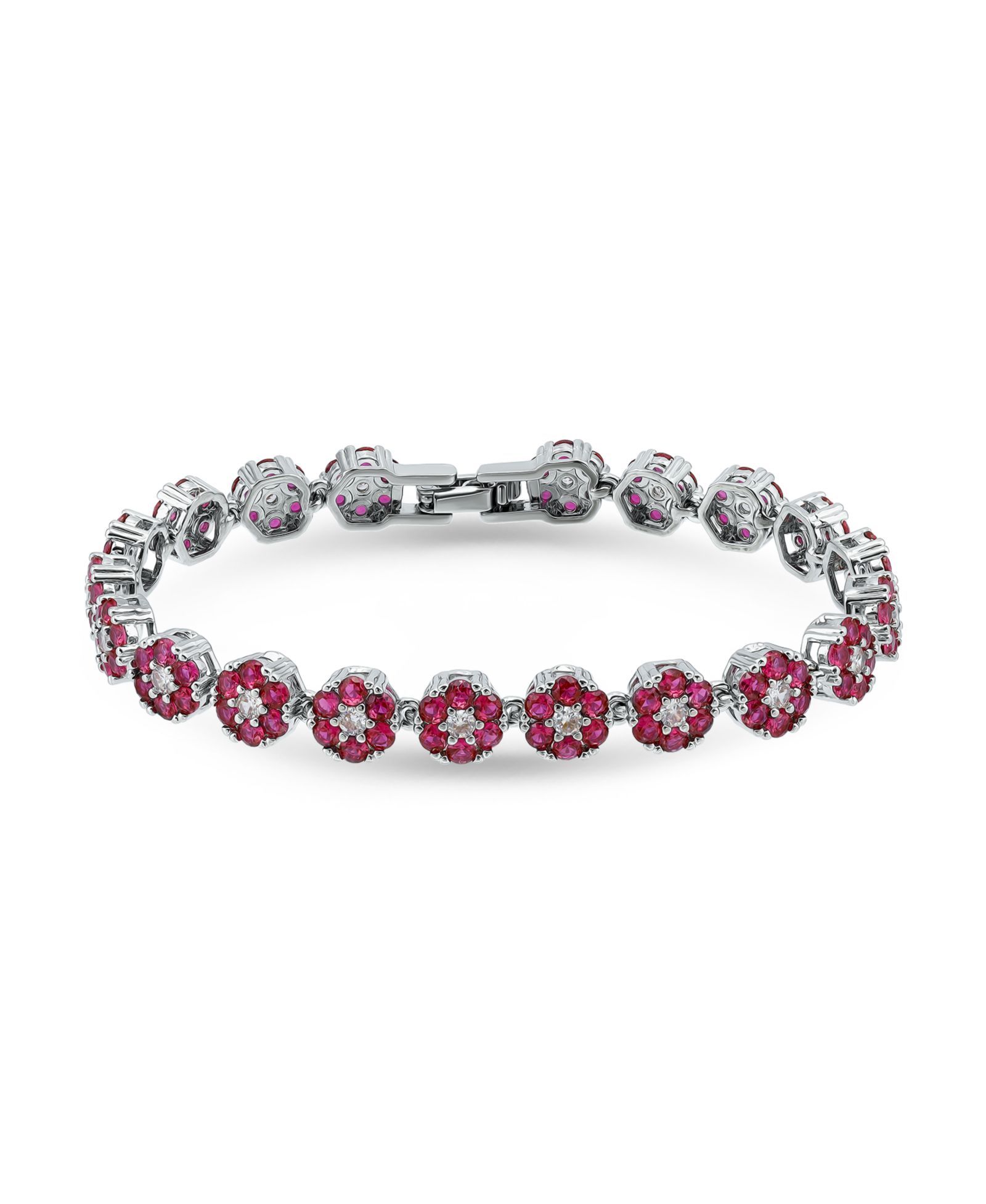 Macy's 1 ct. t.w 2mm Round Cut Cubic Zirconia 2mm Ruby Red Glass Stones Cluster Flower Link Bracelet, Created for Macy's