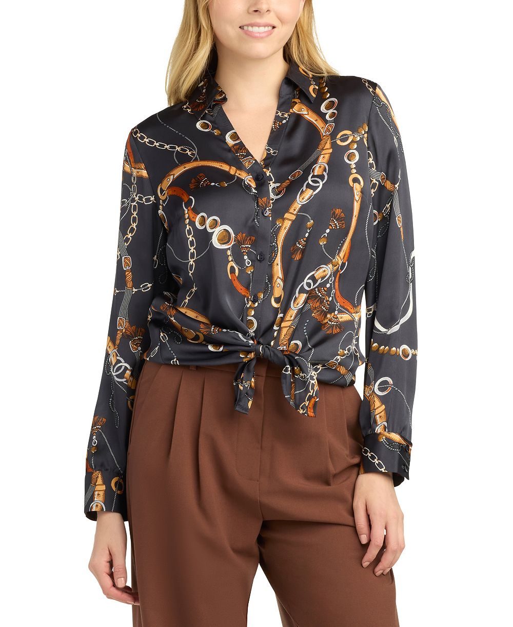BCX Juniors' Collared Printed Satin Top