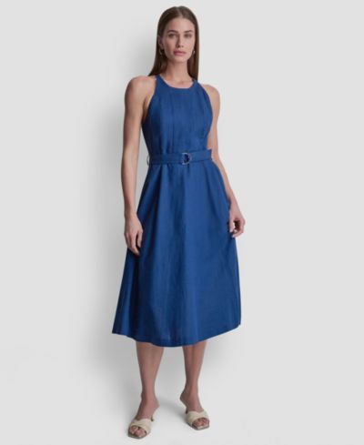 DKNY Women's Sleeveless Crew Neck Belted Midi Dress