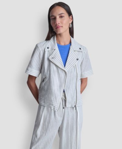 DKNY Women's Striped Collared Neck Jacket