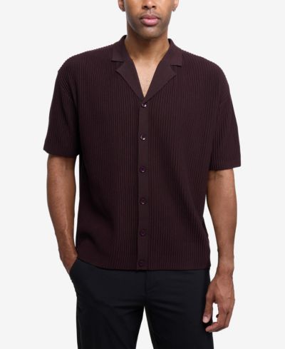 XRAY Men's Short Sleeve Vertical Ottoman Camp Collar Button Down Sweater Polo