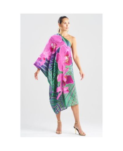 Женский кафтан Natori Orchid из шелкового хлопка с вышивкой бисером на одно плечо